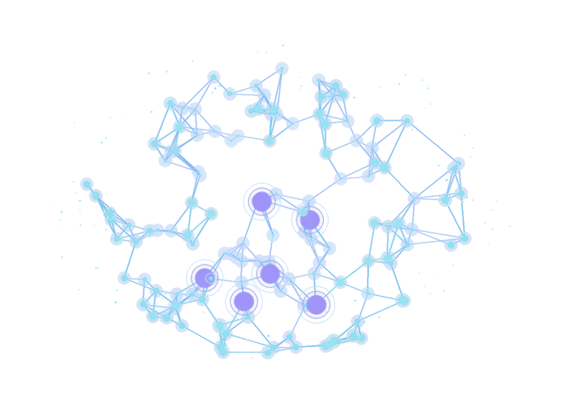 A distributed network of glowing nodes linked by light beams, several clusters cooperating across the field.