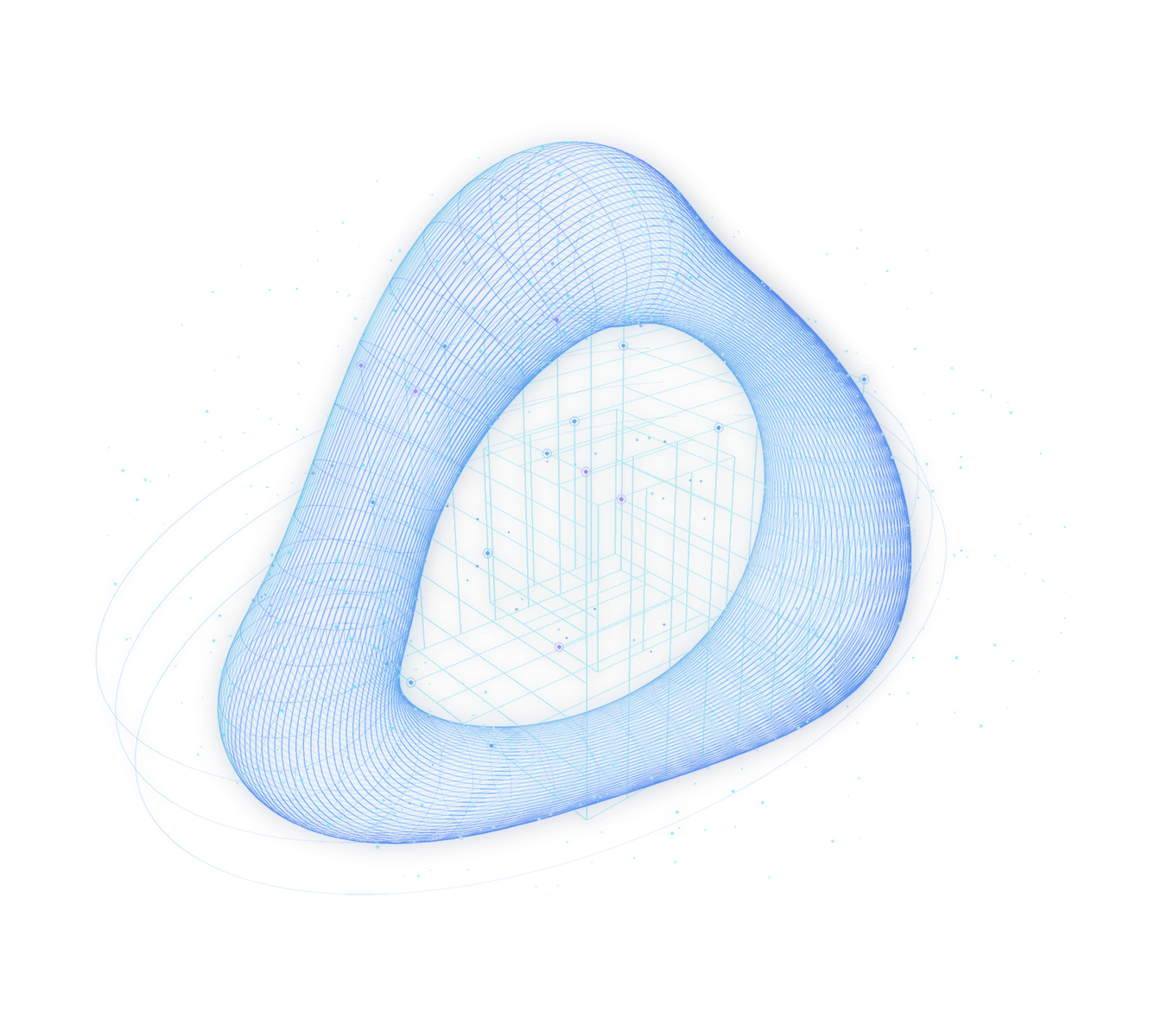 An abstract glowing filament sweep wrapped around a precise translucent crystalline lattice, suggesting intelligence held together by trust.