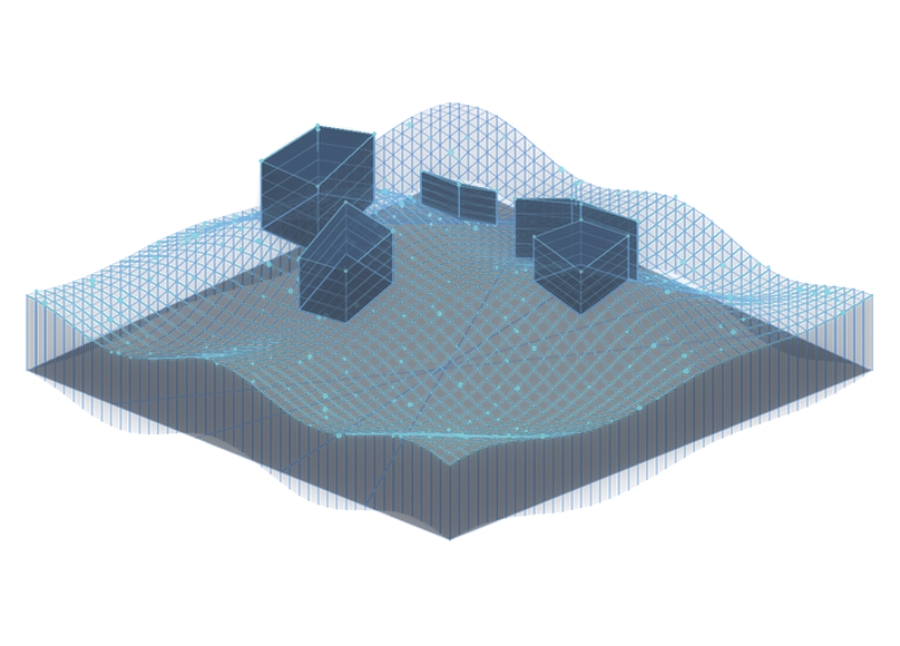 A floating digital terrain rendered as a dense luminous wireframe, standing in open space.
